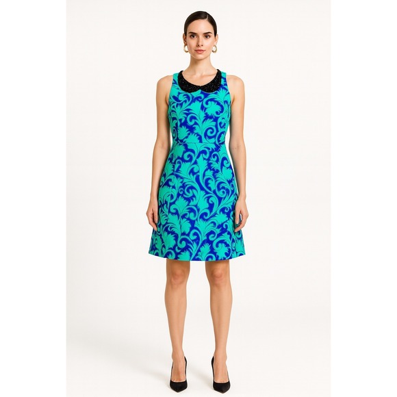 J. Crew Dresses & Skirts - Stunning Sleeveless Beaded Collar Dress Bold Blue Teal Print A-Line Women 4